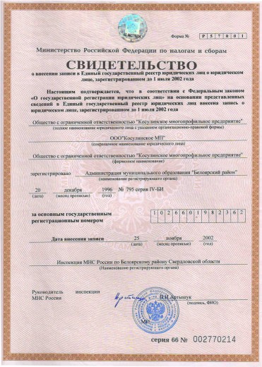 Свидетельство о внесении записи в ЕГРН