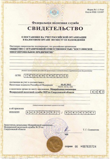 Свидетельство о постановке на учет